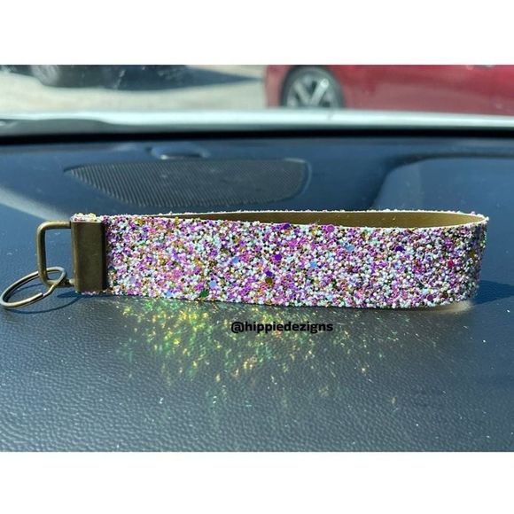 Pink & Gold Rhinestone Leather Key Fob Set | Custom Rhinestone Keychain - Picture 1 of 3
